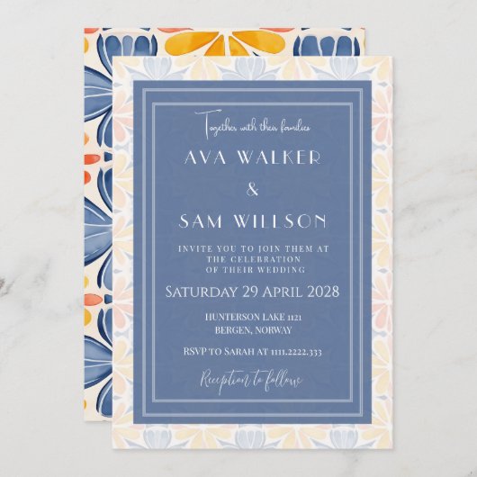 Blauw en wit bloemenbruiloft kaart (Voorkant / Achterkant)