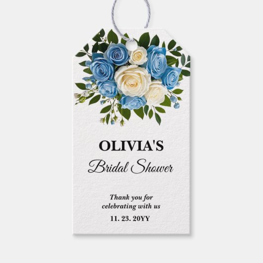 Blauw en wit bloemendesign bruidsfeest cadeaulabel (Voorkant)