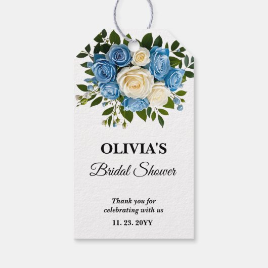 Blauw en wit bloemendesign bruidsfeest cadeaulabel (Achterkant)