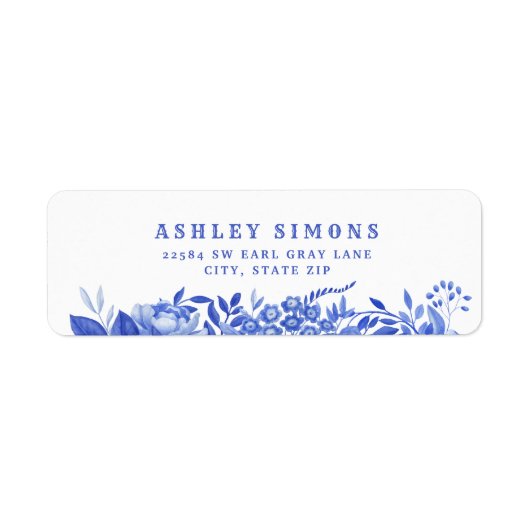 Blauw en wit bloemendesign bruiloftsfeest  etiket (Voorkant)