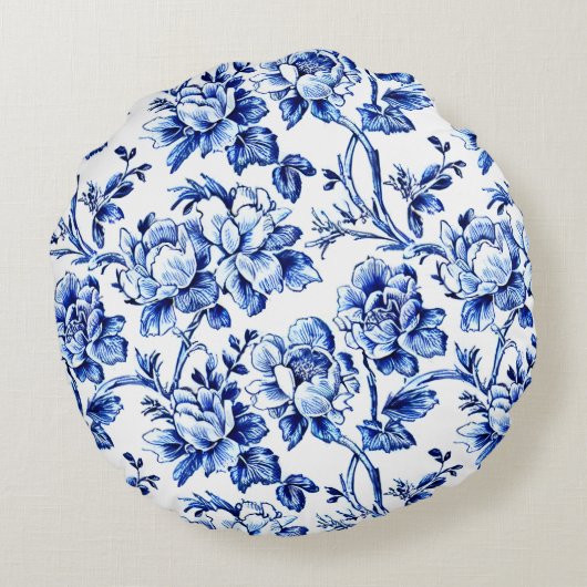 Blauw en wit bloemendessin toile trouw rond kussen (Achterkant)