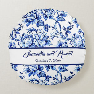 Blauw en wit bloemendessin trouwkussen rond kussen