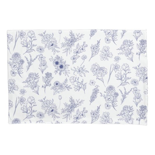 Blauw en wit bloemenkussenhoes kussensloop (Voorkant-Links)