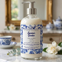 Blauw en wit bloemenlabel voor cosmeticaflessen