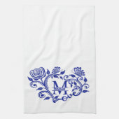 Blauw en wit bloemenmonogram M Theedoek (Verticaal)