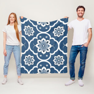 Blauw en wit bloemenmozaïekpatroon fleece deken