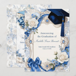 Blauw en wit bloemenpatroon afstudeer uitnodigings kaart