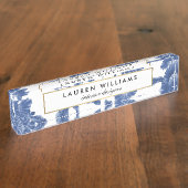 Blauw en Wit Bloemenpatroon Naamplaat Naambordje (Zijkant)
