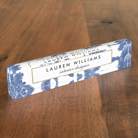  Blauw en Wit Bloemenpatroon Naamplaat Naambordje (Zijkant)