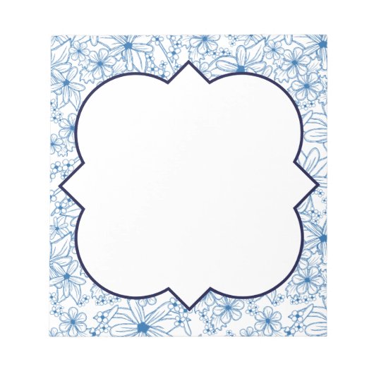 Blauw en wit bloemenrand, blanco notitieblok (Voorkant)