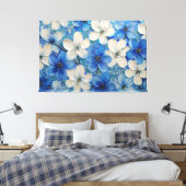Blauw en Wit Bloemenschilderij met Textuur – Abstr Canvas Afdruk (Insitu (Slaapkamer))