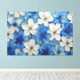 Blauw en Wit Bloemenschilderij met Textuur – Abstr Canvas Afdruk