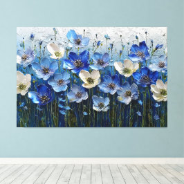 Blauw en Wit Bloemenschilderij met Textuur – Abstr Canvas Afdruk