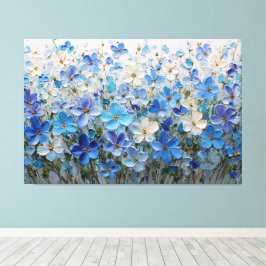 Blauw en Wit Bloemenschilderij met Textuur – Abstr Canvas Afdruk