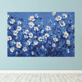 Blauw en Wit Bloemenschilderij met Textuur – Abstr Canvas Afdruk