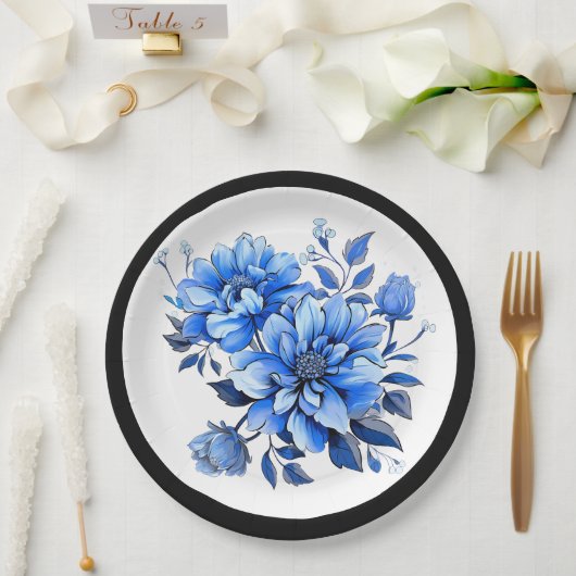 Blauw en wit bloemenschoon papieren bordje (Huwelijk)