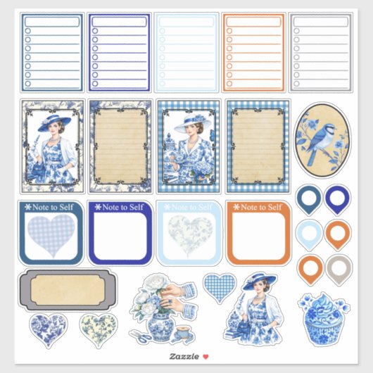 Blauw en wit bloemenschoon sticker (Vel)