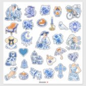 Blauw en wit bloemenschoon sticker (Vel)