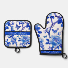 Blauw en wit bloemenschoonheid ovenwant & pannenlap set