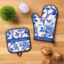 Blauw en wit bloemenschoonheid ovenwant & pannenlap set