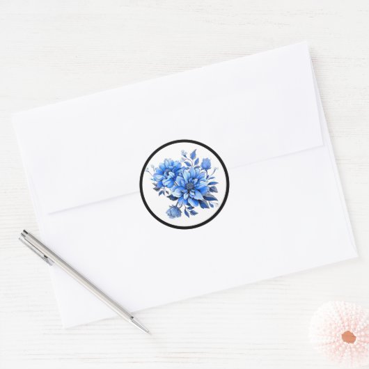 Blauw en wit bloemenschoonheid ronde sticker (Envelop)