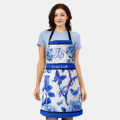 Blauw en wit bloemenschoonheid schort (Gedragen)