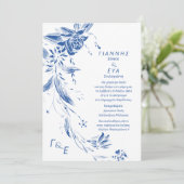 Blauw en wit bloemenslinger bruiloft 1 kaart (Staand voorkant)