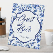 Blauw en Wit Bloementoilet Gastenboek Tafelblad Reclamebord Met Voetstuk (Insitu)