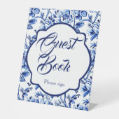 Blauw en Wit Bloementoilet Gastenboek Tafelblad Reclamebord Met Voetstuk (Voorkant)