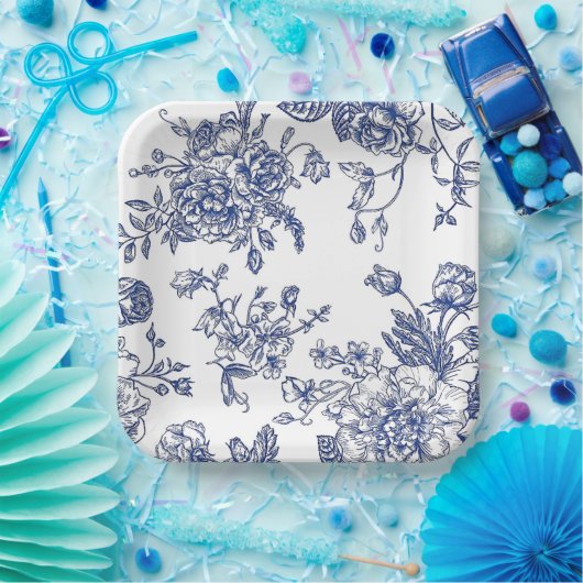 Blauw en wit bloemenvierkant papier bord (Feest)