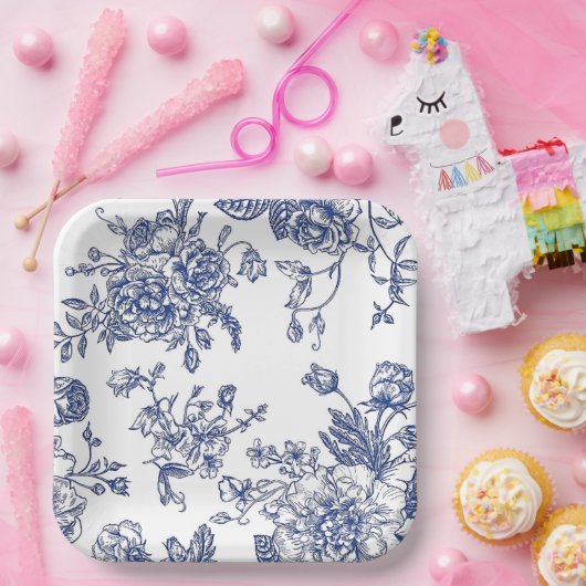 Blauw en wit bloemenvierkant papier bord (Feest)