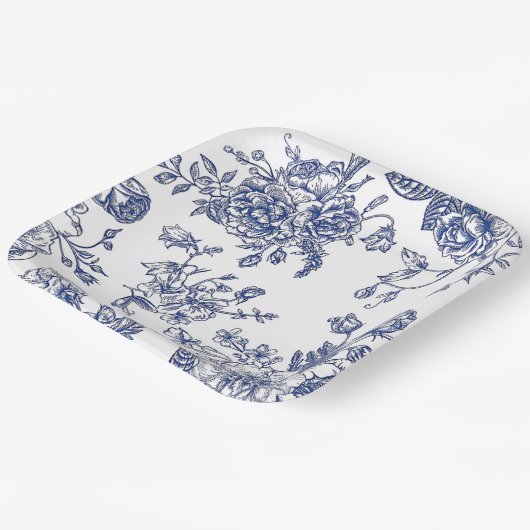 Blauw en wit bloemenvierkant papier bord (Gebogen)