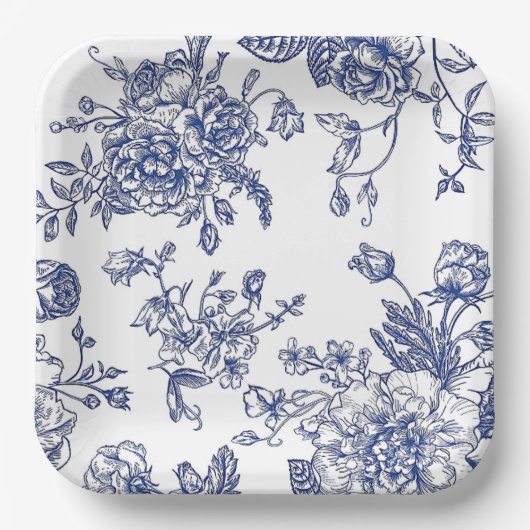 Blauw en wit bloemenvierkant papier bord (Voorkant)