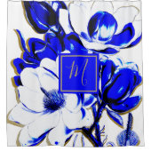 Blauw en wit bloemenvoorjaar Chic Elegant monogram Douchegordijn (Voorkant)