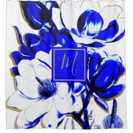 Blauw en wit bloemenvoorjaar Chic Elegant monogram Douchegordijn