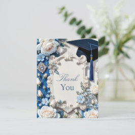 Blauw en Wit Bloemig Afstudeer Bedankbriefje Bedankkaart
