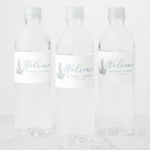 Blauw en Wit Bloemig Anker Nautilus Huwelijk Waterfles Etiket