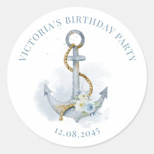 Blauw en Wit Bloemig Anker Scheepvaart Verjaardag Ronde Sticker