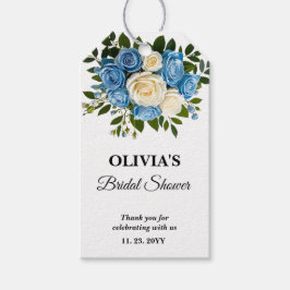Blauw en wit bloemig bruidsfeest cadeaulabel
