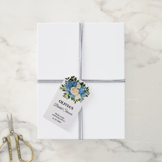 Blauw en wit bloemig bruidsfeest cadeaulabel (Met Touw)