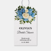 Blauw en wit bloemig bruidsfeest cadeaulabel (Achterkant)