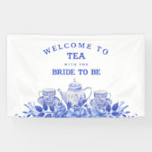 Blauw en wit bloemig bruidsfeest welkom  spandoek (Horizontaal)