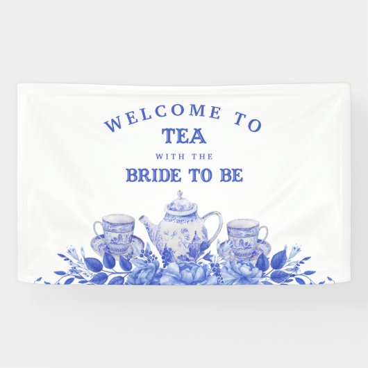 Blauw en wit bloemig bruidsfeest welkom spandoek (Horizontaal)