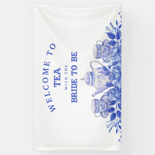 Blauw en wit bloemig bruidsfeest welkom  spandoek (Verticaal)