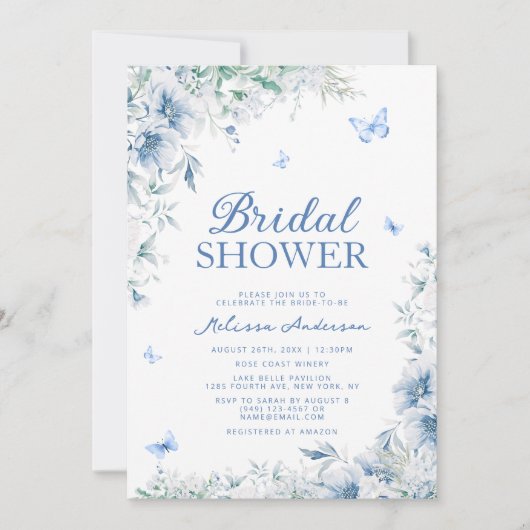 Blauw en wit bloemig Elegant Vrijgezellenfeest Kaart (Voorkant)