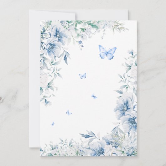 Blauw en wit bloemig Elegant Vrijgezellenfeest Kaart (Achterkant)