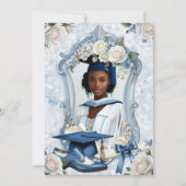 Blauw en Wit Bloemig Foto Afstudeeraankondiging (Voorkant)