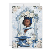 Blauw en Wit Bloemig Foto Afstudeeraankondiging
