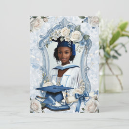 Blauw en Wit Bloemig Foto Afstudeeraankondiging