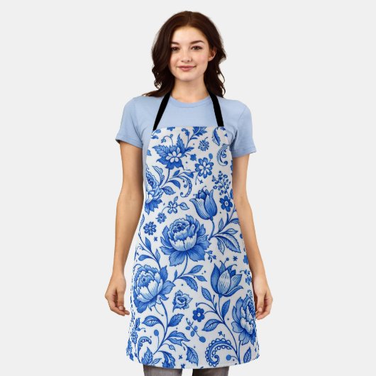 Blauw en wit bloemige elegantie schort (Gedragen)